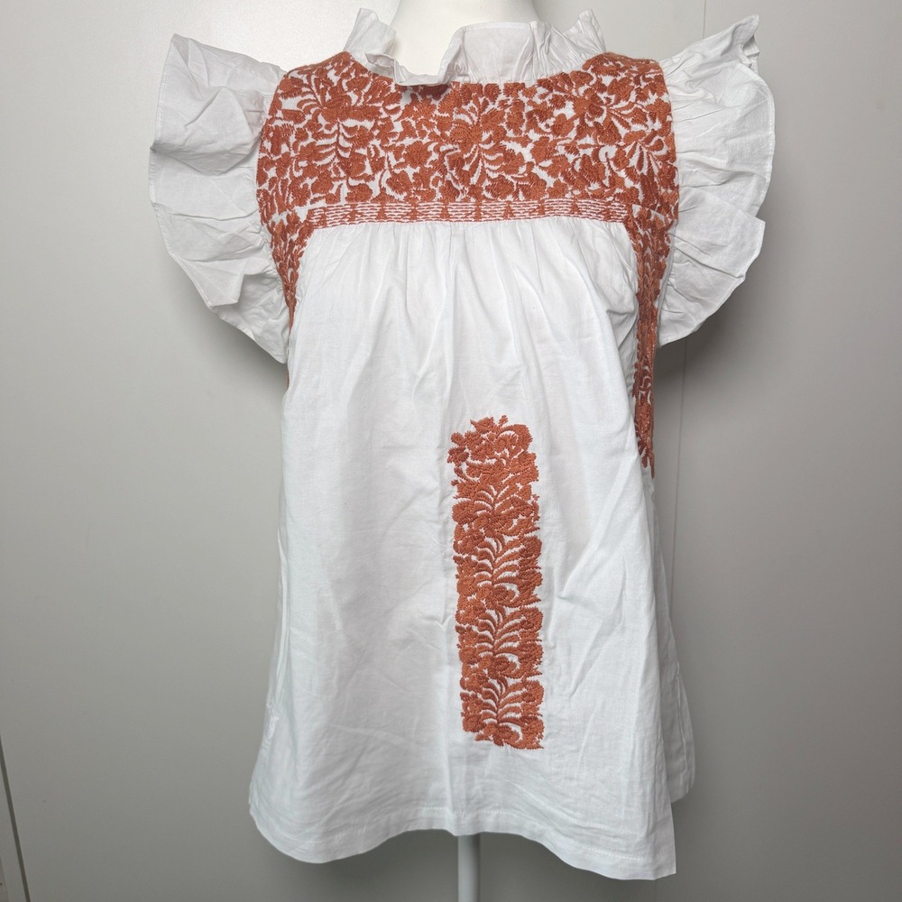 J. Marie Embroidered Ruffle Blouse XS Burnt Orange  Boho Flutter Sleeve Texas
